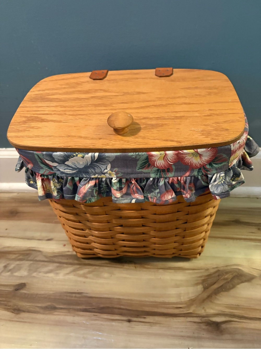 Longaberger Woven Mail Basket with Floral Ruffle Liner - Blue, Pink, Green